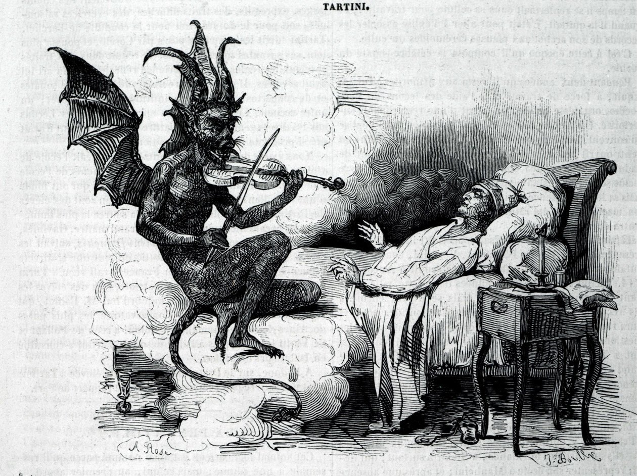 En Satyre som spiller fiolin foran Giuseppe Tartini (1692 - 1770), italiensk komponist, fiolinist og teoretiker. Gravering av 1800-tallet. av Unknown artist