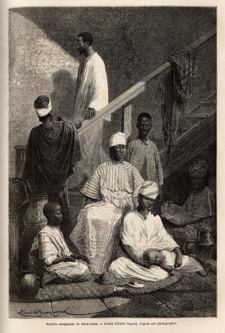 En senegalesisk familie fra Saint Louis (Saint Louis). Gravering for å illustrere et cruise på kysten av Afrika, av viseadmiral Fleuriot de Langle, i 1868, publisert i "" Le tour du monde""" 1872, redigert av Edouard Charton, utgave Hachette, Paris. Selva  av Unknown artist