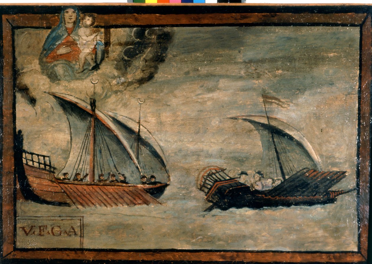En tyrkisk bysse forfølger en bysse fra kongeriket Napoli. Ex-voto på 1600-tallet. Madonna dell
