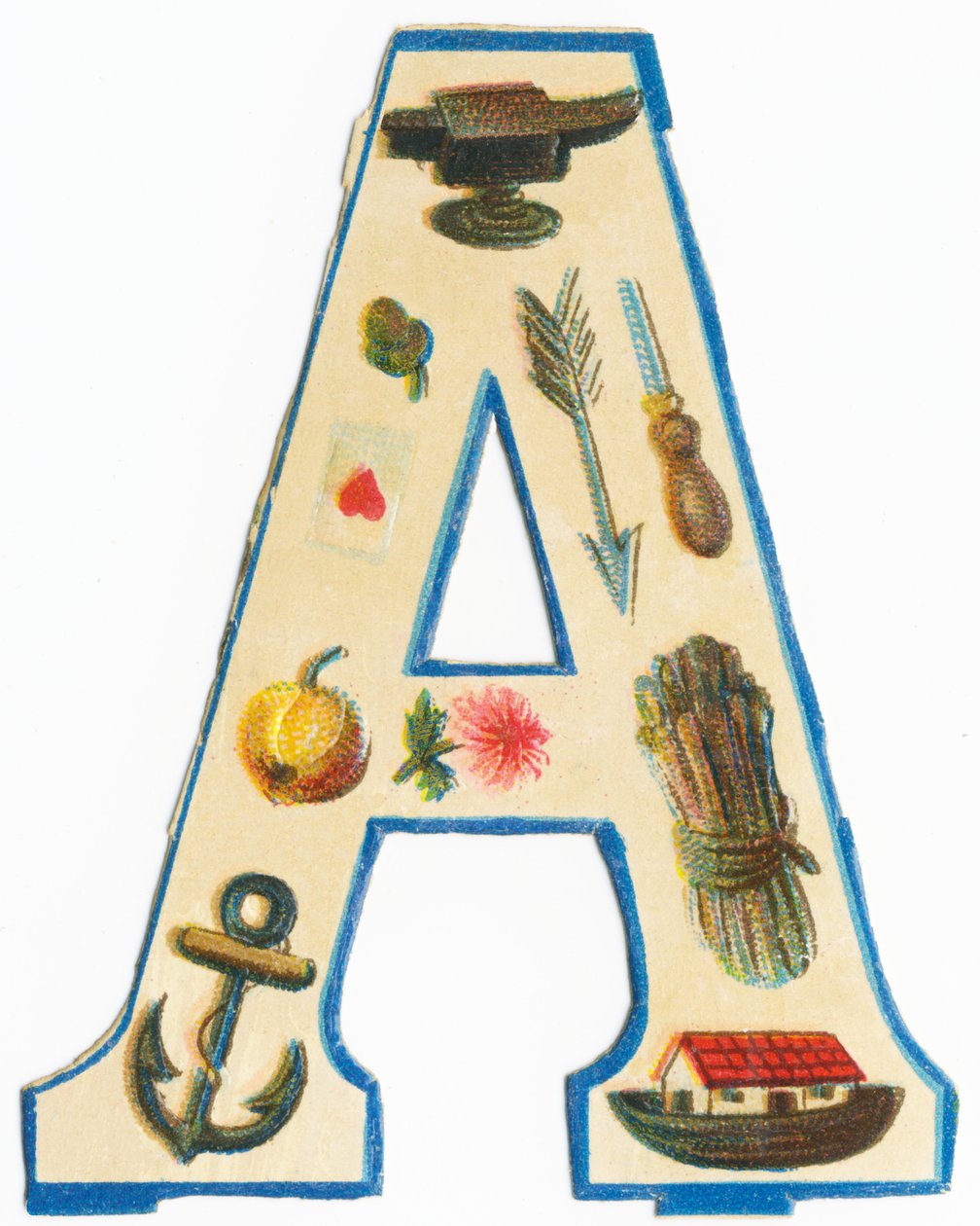 A: ambolt, artisjokk, pil, hjerte-ess, syl, eple, aster, anker, bue av Noe, asparges (farge litho) av Unknown artist