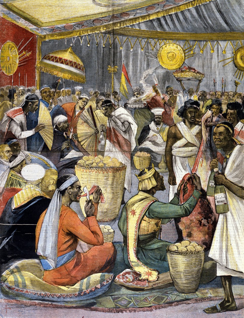 En bankett ved hoffet til kong Menelik II (1844 - 1913) i Etiopia. ill. for sent 1800-tallspresse. av Unknown artist