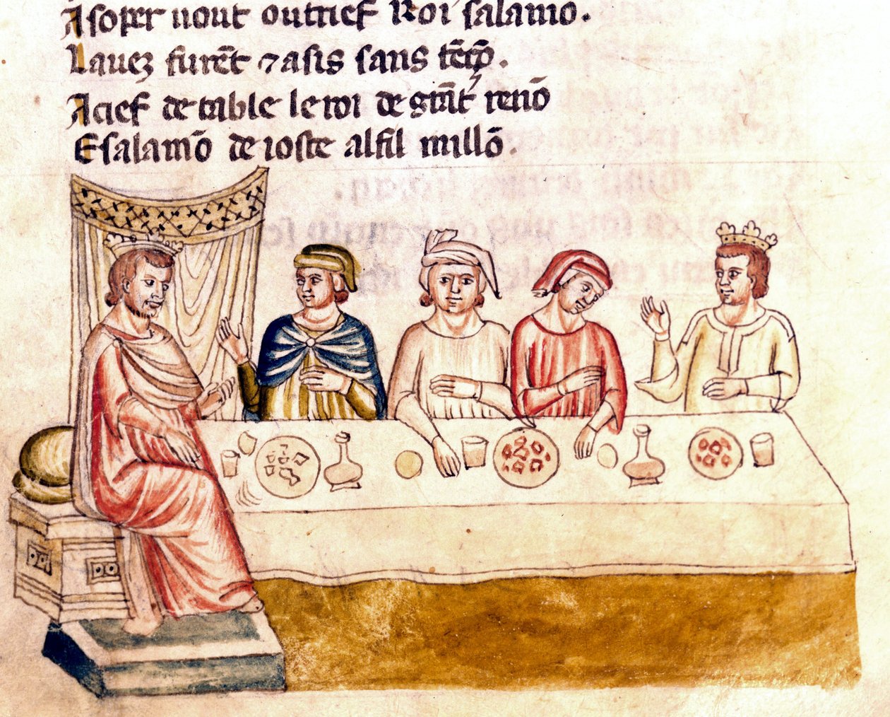 En bankettscene: en konge og hans gjester - Miniatyr fra kodeksen "The Entrree of Spain"" (Ms.Franc.21) 1300-tallet. Biblioteca Marciana, Venezia. av Unknown artist