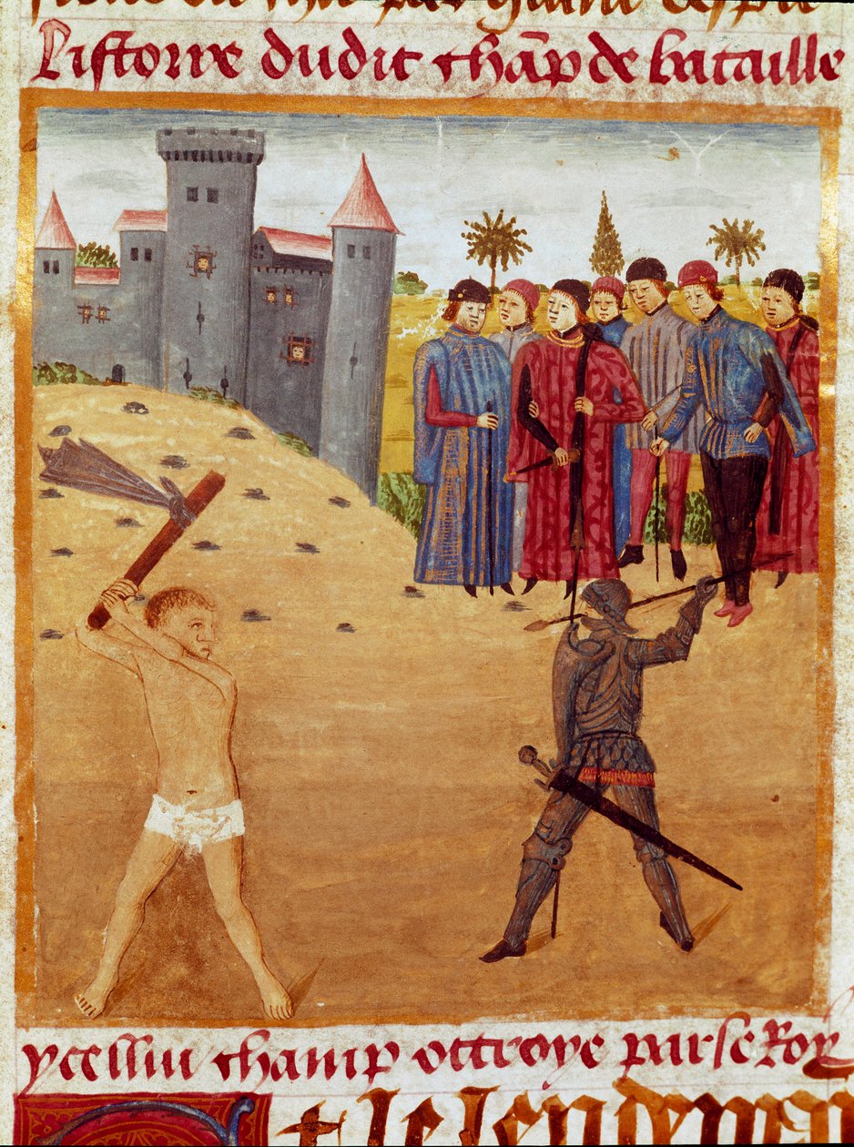 En kamp mellom en makedonsk og en athensk miniatyr hentet fra "The Book of Facts of Alexander the Great"" av Quintus Curtius Rufus (Quinte Curce) (1. århundre), ca. 1468. (Ms 1335) Reims. Kommunebibliotek av Unknown artist