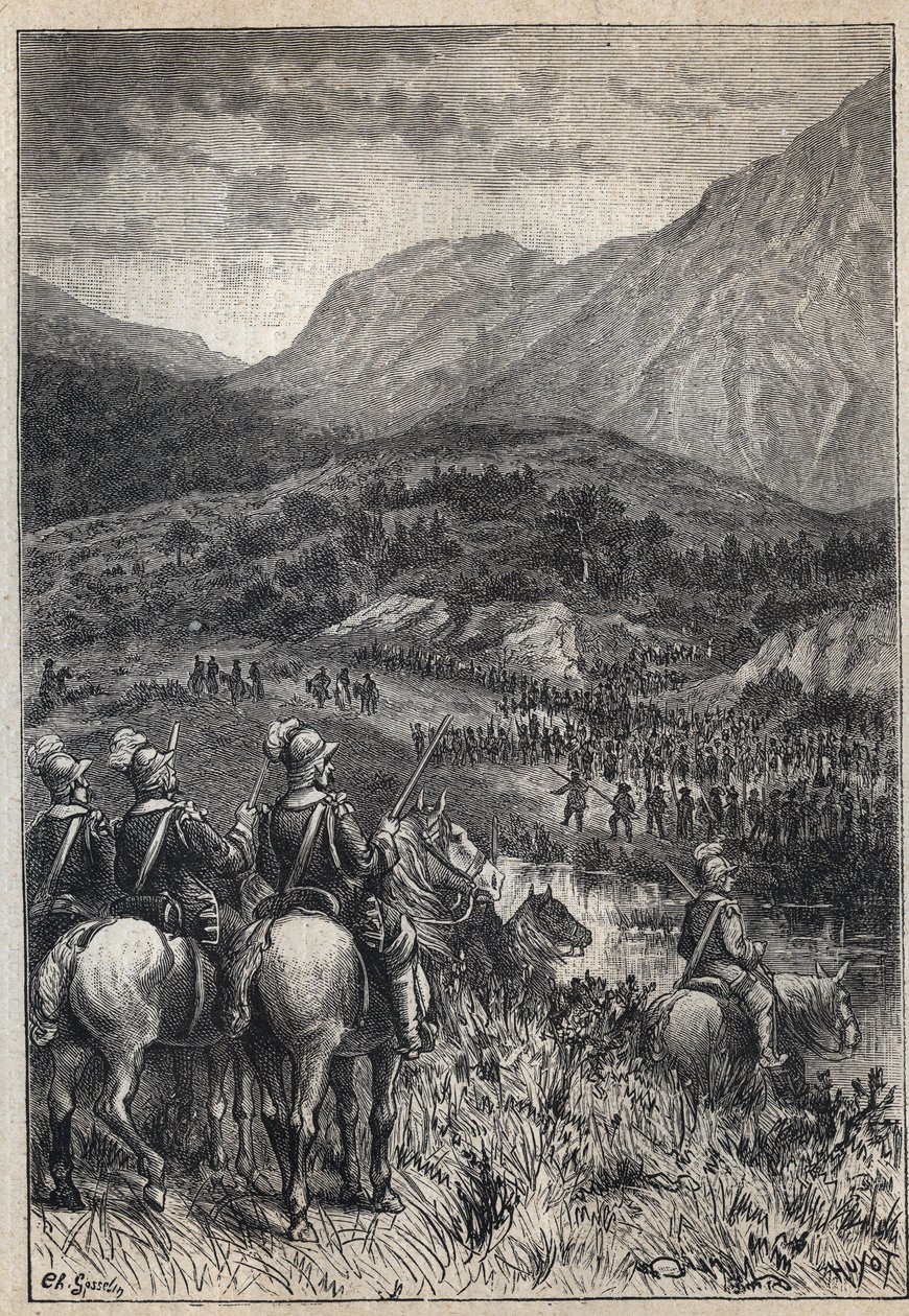 A battlefield - 19th century illustration for the historical novel “The Puritans of Scotland” (Old Mortality) by Walter Scott (1771-1832) av Unknown artist