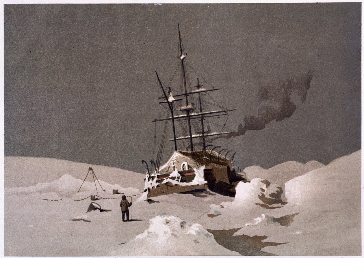 En båt fanget i is - i "The shores of the polar sea, an Arctic expedition narration", av Dr. Edward Moos, Marcus Nard & Co, London av Unknown artist