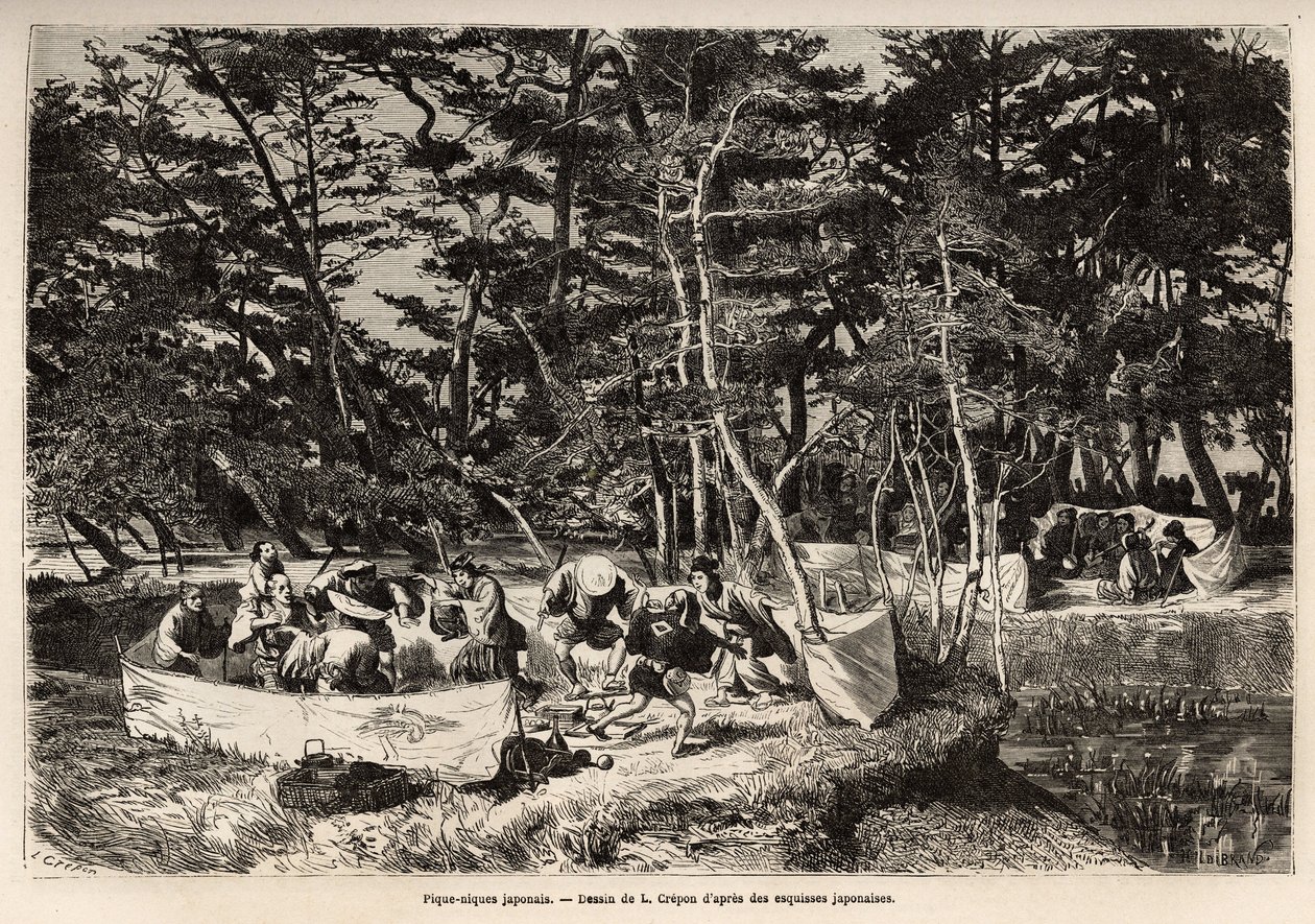 En borgerlig piknik (eller piknik) i forstedene til Edo (dagens Tokyo), inne i en stoffinnhegning, deler gjester, vanligvis to familier, sitt måltid og passer ofte til anledningen for musikere, dansere og pantomimer. Gravering for å illustrere reisen av Unknown artist