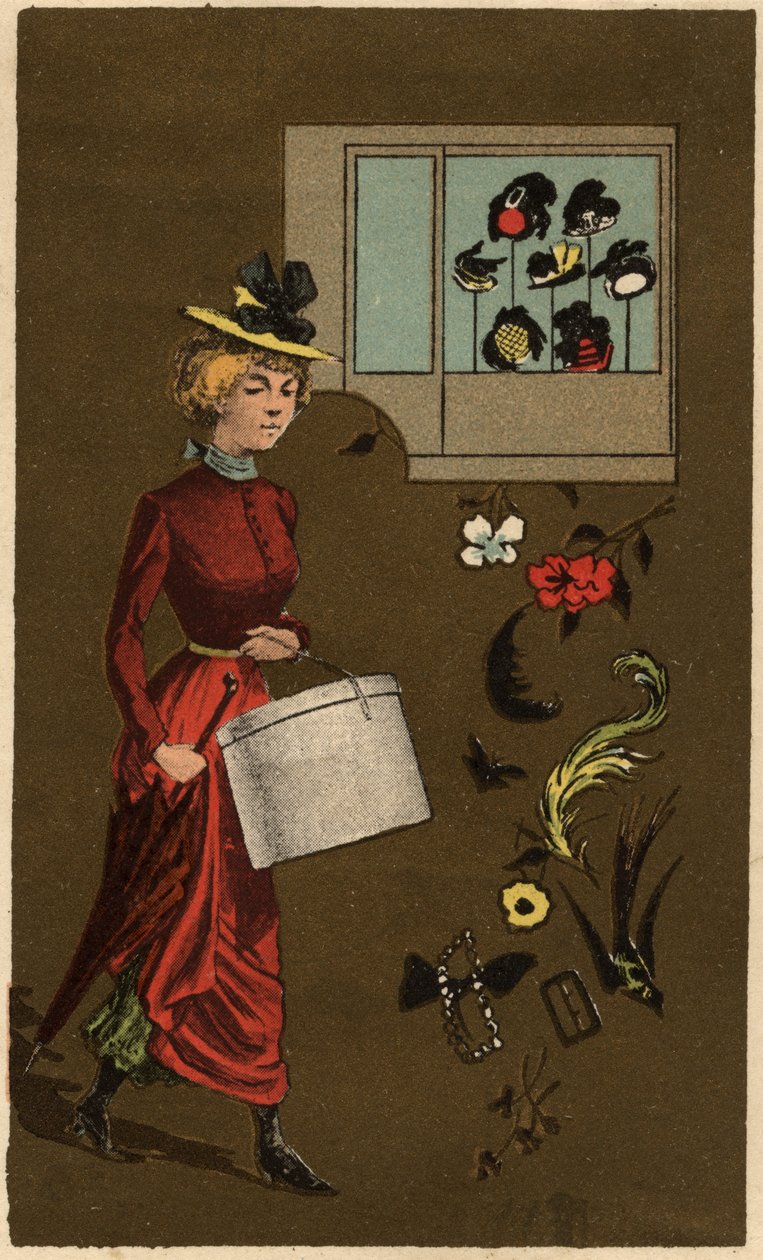 En borgerlig kvinne med hatteske, anonym kromolitografi, sent på 1800-tallet. av Unknown artist