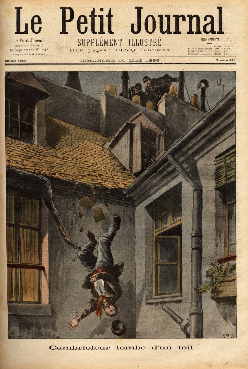 En innbruddstyv faller ned fra takene på Notre Dame-gaten i Nasaret, i sin nedbør for å flykte foran politibetjentene. Gravering i "" Le petit journal"" 14/5/1899. Selva samling. av Unknown artist
