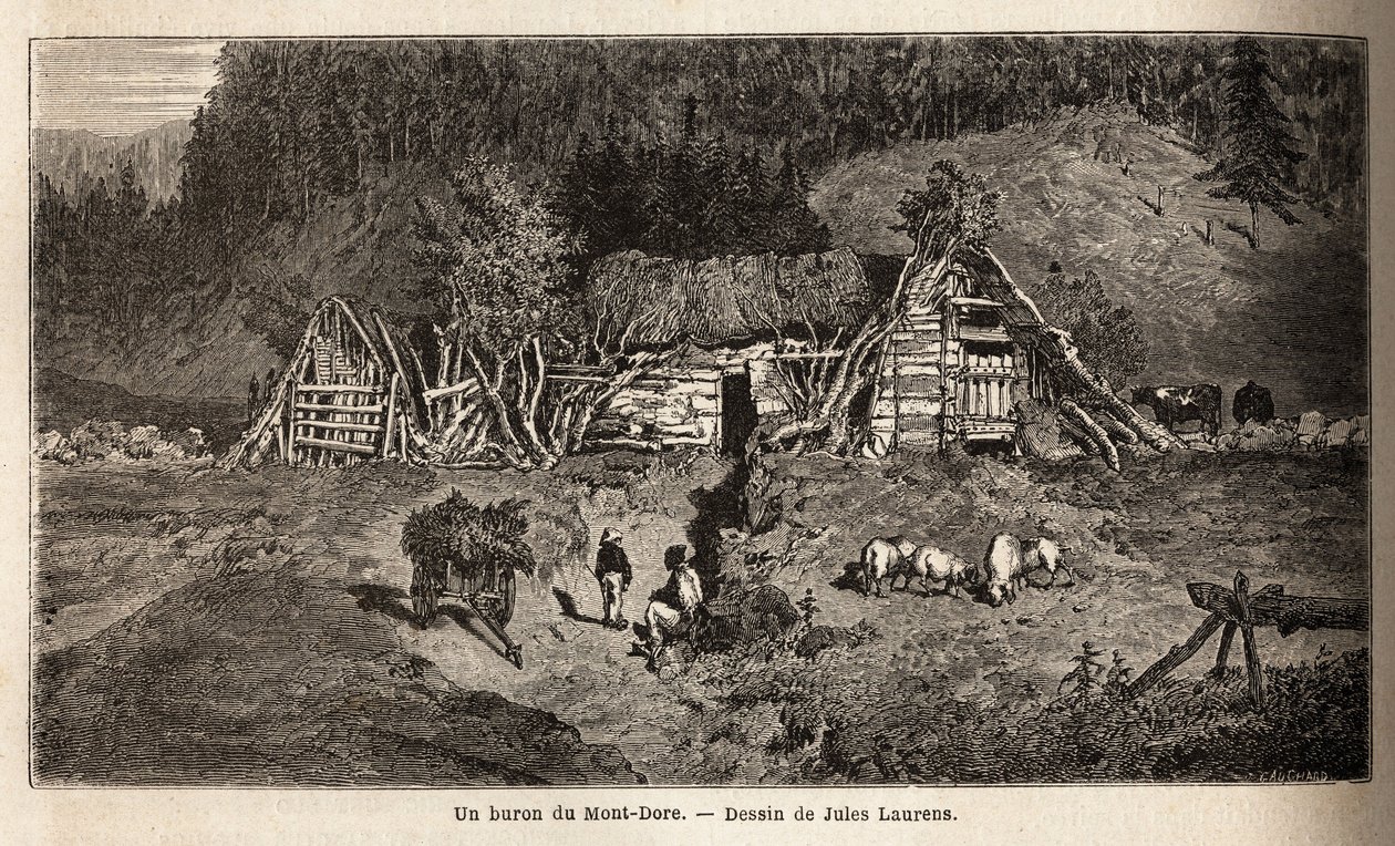En bur av Mont-Dore (Mont Dore), en bygning som ligger i fjellbeitene i det sentrale Frankrike, opererer sesongmessig, brukes til å lage ost fra mai til oktober og til å huse kyr. Gravering for å illustrere reisen til vulkanene i det sentrale Frankrike, i  av Unknown artist