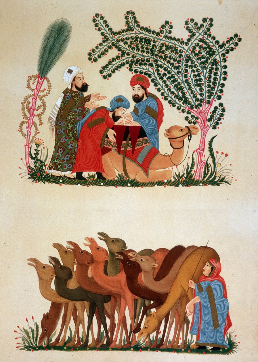 En campingvogn på farten. Illustrasjon av det 13. århundre av "" Maqamat"" (Seances) av Abu Mohammed al-Kasim ibn Ali Hariri (eller Al-Hariri eller Al Hariri) (1054-1122) i "" Arab Art"" fra monumentene i Kairo fra 700-tallet til 1700-tallet av P av Unknown artist