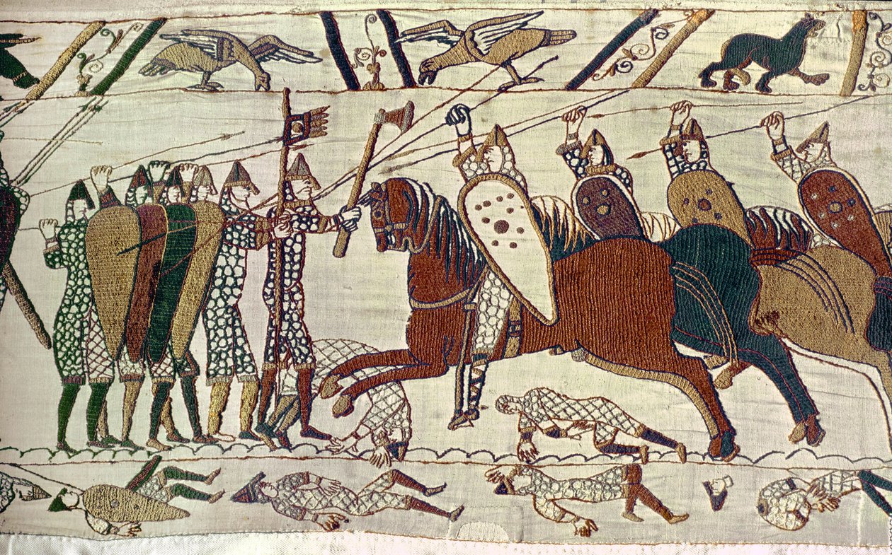 Et kavaleriangrep. Bayeux-teppet, broderi (teppe) av Unknown Artist