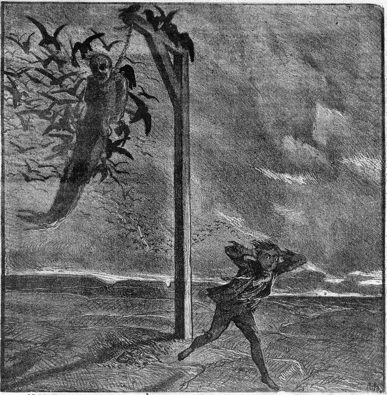 Et barn blir skremt av synet av en hengt mann som fortærer av kråker - Illustrasjon av "Mannen som ler" av Victor Hugo (1802-1885) - Gravering i "" Le Journal Illustrée"" av Unknown artist
