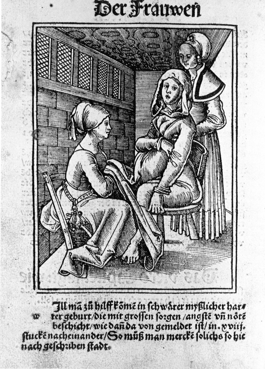 En fødsel. Xylografi av Konrad Merkel etter "De gravide og jordmødrene Rosengarten", Hagenau av Unknown artist