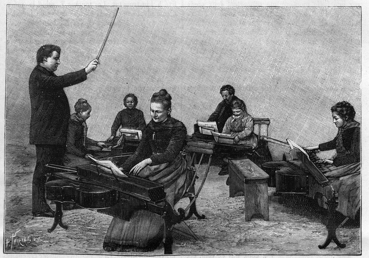 A concert of monocords executed by young girls. Engraving in “” La Nature. Revue des sciences et de ses applications aux arts et a l