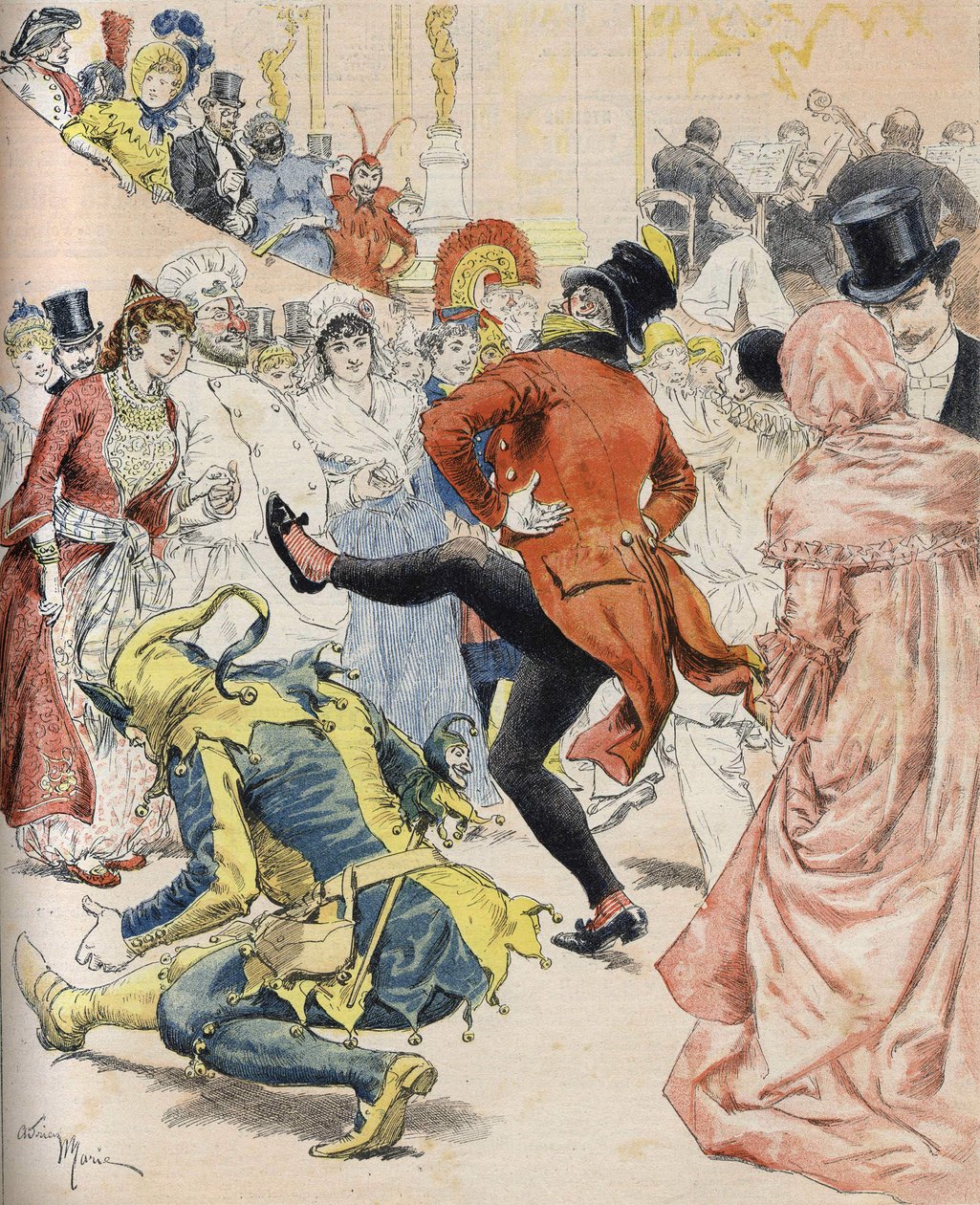 A costume ball in the 19th century. Illustration of Adrien Marie - in “” Sunday sun”” from January 1893.Bianchetti collection av Unknown artist