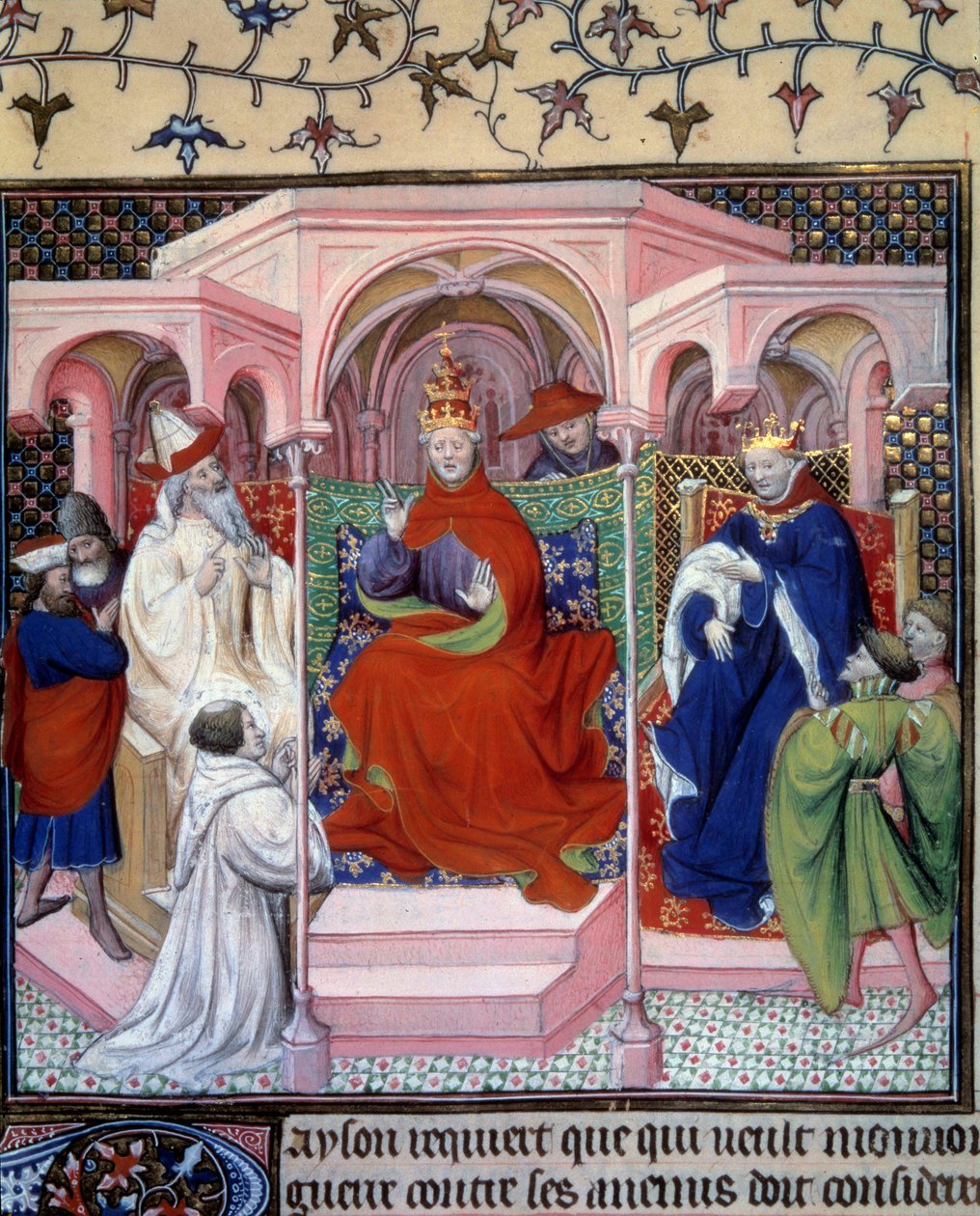 Et råd ledet av pave Klemens V (1264-1314) (i nærvær av en konge sannsynligvis Filip Bel). Miniatyr hentet fra La Fleur des histoires de la terre d