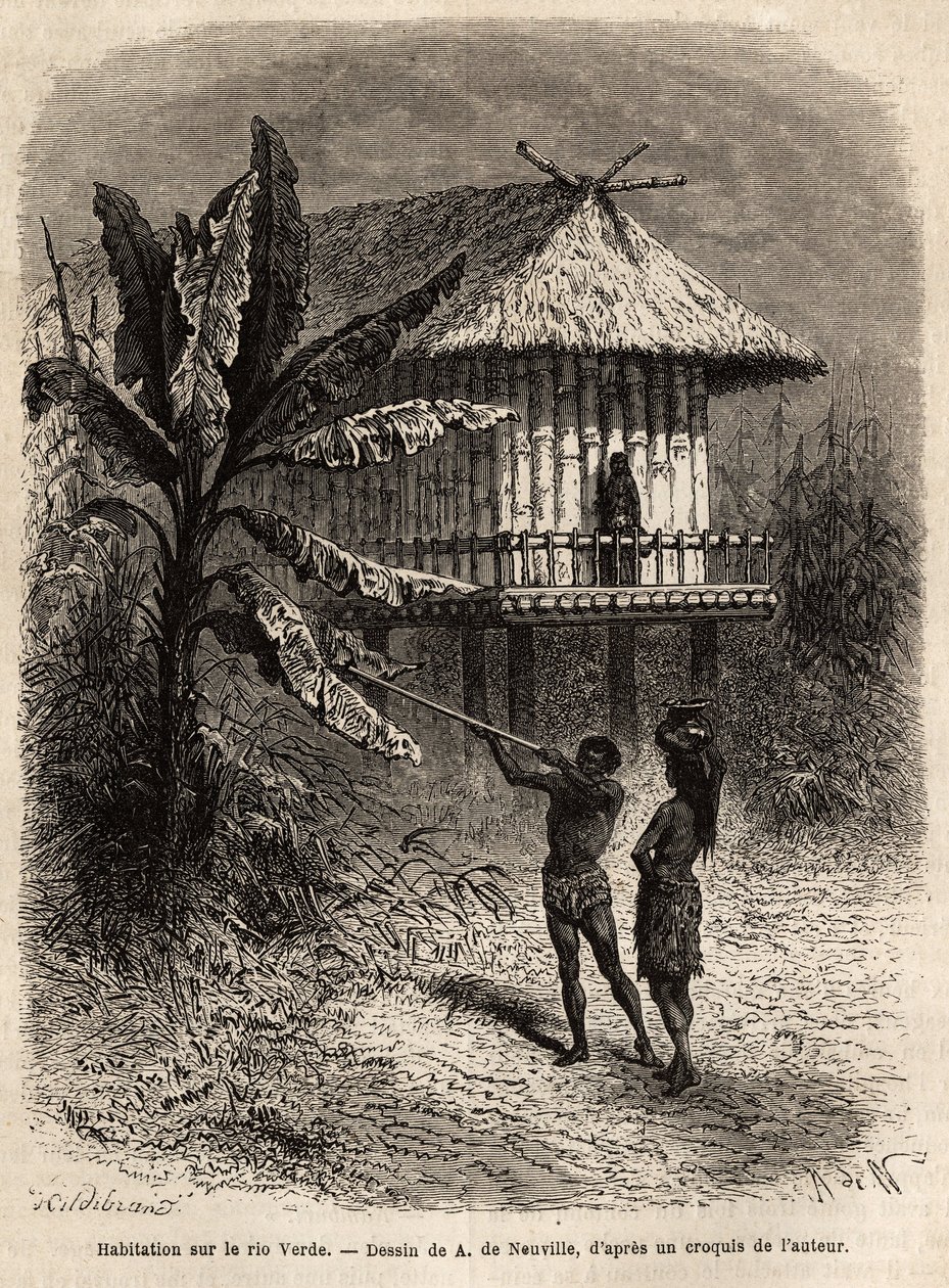 Et par indianere fra Rio Verde (Brasil) mannen med sin sarbacan, foran et typisk hus på stylter. Gravering for å illustrere reisen til New Granada, av Dr. Saffray, i 1869, publisert i "" Le tour du monde""" 1873, redigert av Edouard Charton, e av Unknown artist