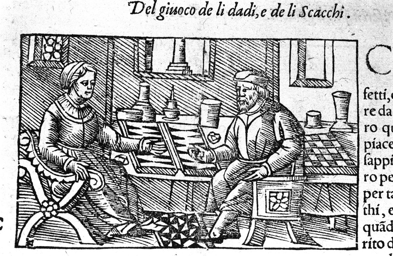 Et par som spiller terninger. Gravering etter "Historia de gentis septemtrionalis" av Olaus Magnus, Roma 1560. av Unknown artist