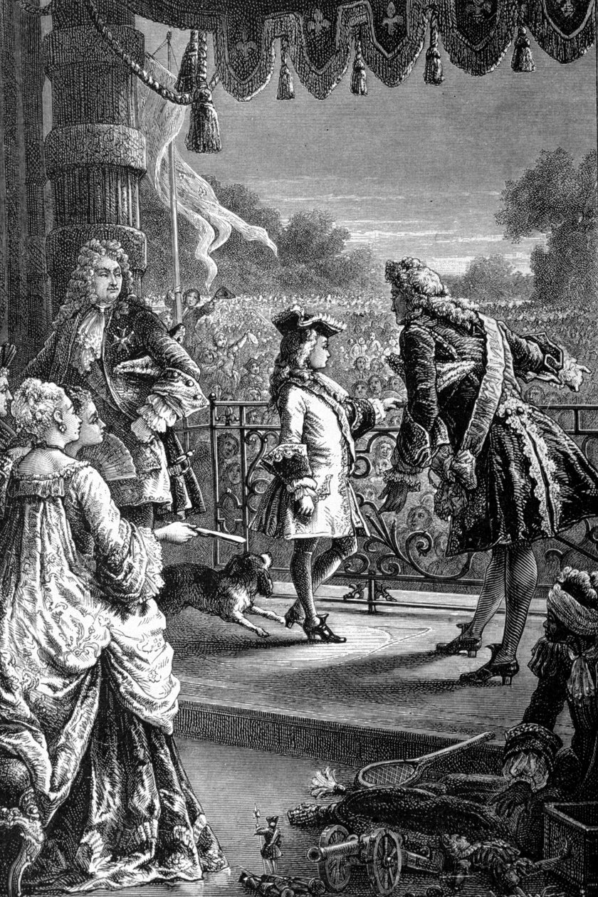 En hoffmann viser den unge Ludvig XV (1710 - 1774), mengden i glede og forteller ham En dag vil alt dette bli ditt. Gravering av 1800-tallet. av Unknown artist