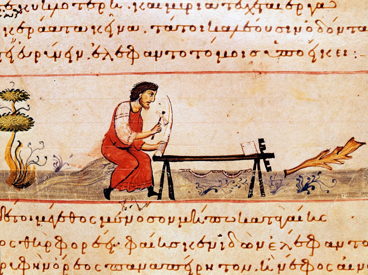 En håndverker som arbeider med elfenben. Miniatyr fra jakthandelen "" The Cynegetics "" av Oppian (Oppian eller Oppianus) fra Syria (3. århundre e.Kr.) dedikert til Caracalla. Venezia fra 1000-tallet. Biblioteca Marciana av Unknown artist