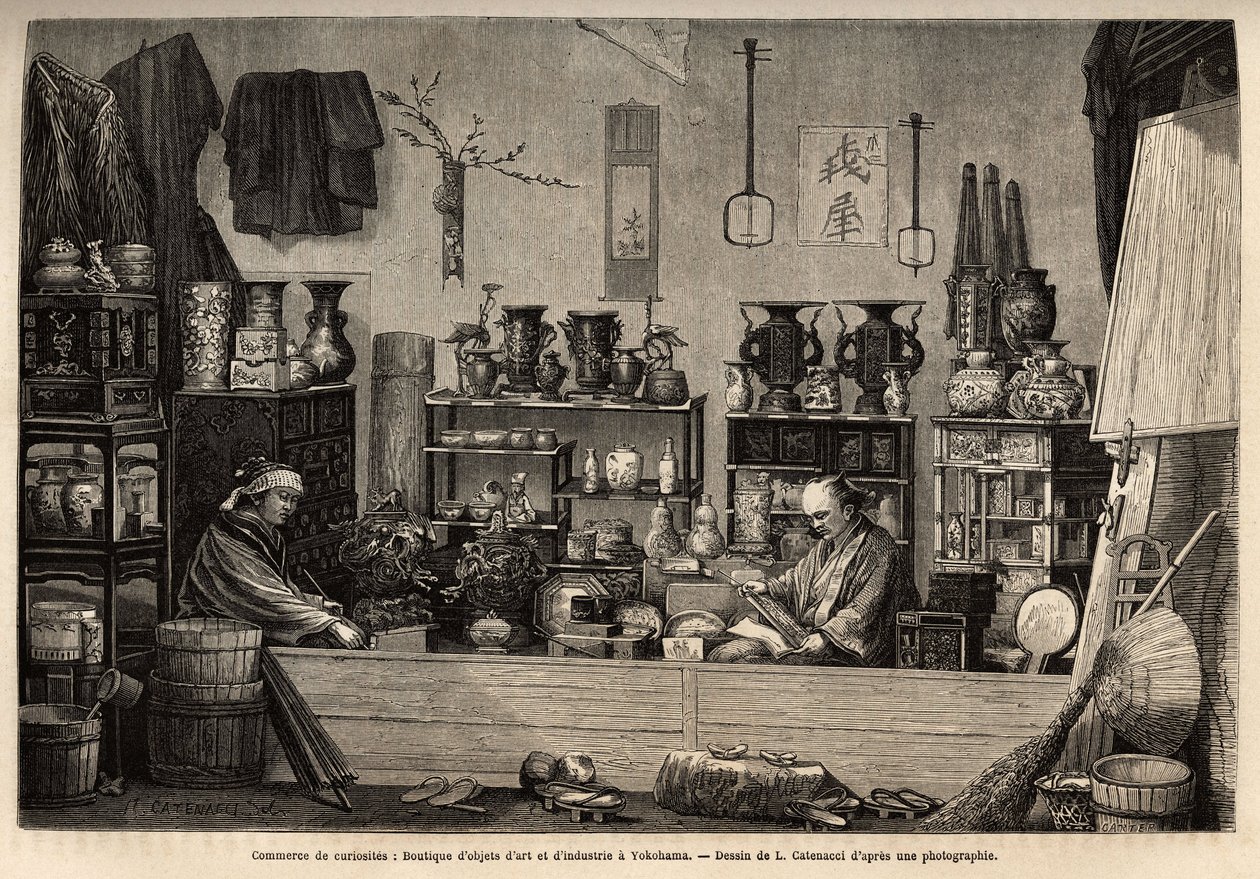 En kuriositetervirksomhet i Yokohama. Gravering for å illustrere reisen til Japan, av Aime Humbert, minister for det sveitsiske konføderasjonen, i 1863-1864, publisert i "" Le tour du monde""" 1869, redigert av Edouard Charton, utgave Hachette, Paris. Selv av Unknown artist