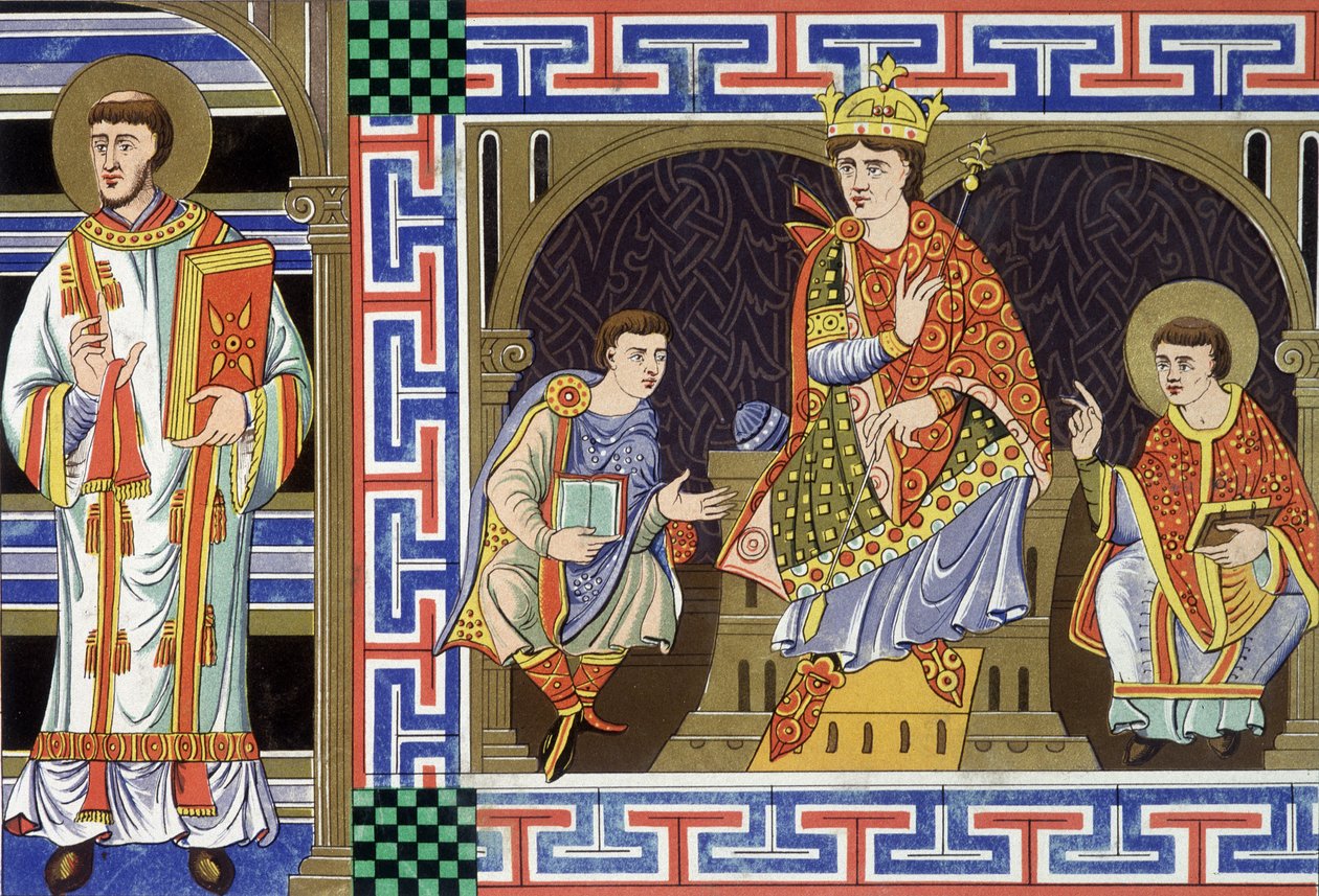 En diakon, en adelig skikkelse, en konge og en eveque som illustrerer menneskene i det tiende århundre; Illustrasjon av det nittende århundre henter fra "Frankrike i det tiende århundre"". av Unknown artist