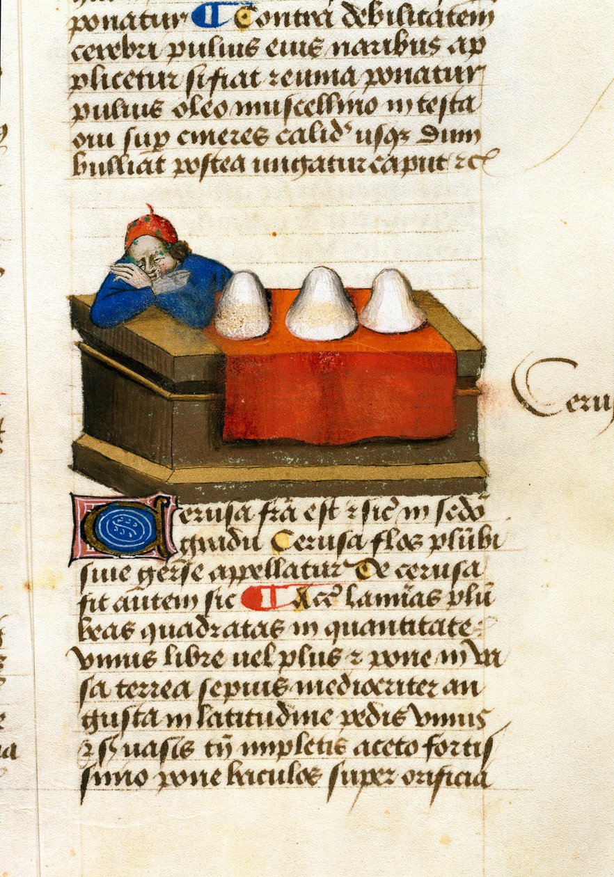 En hjorthandler, bruker til kosmetikk Beskrivelse av medisinplanter og hvordan de tilberedes. Manuskriptside “” Godbiter på urter”” (Tractatus de herbis) av Pedanius Dioscorides (Dioscorides) (40-90 e.Kr.) Lat.1152 av Unknown artist