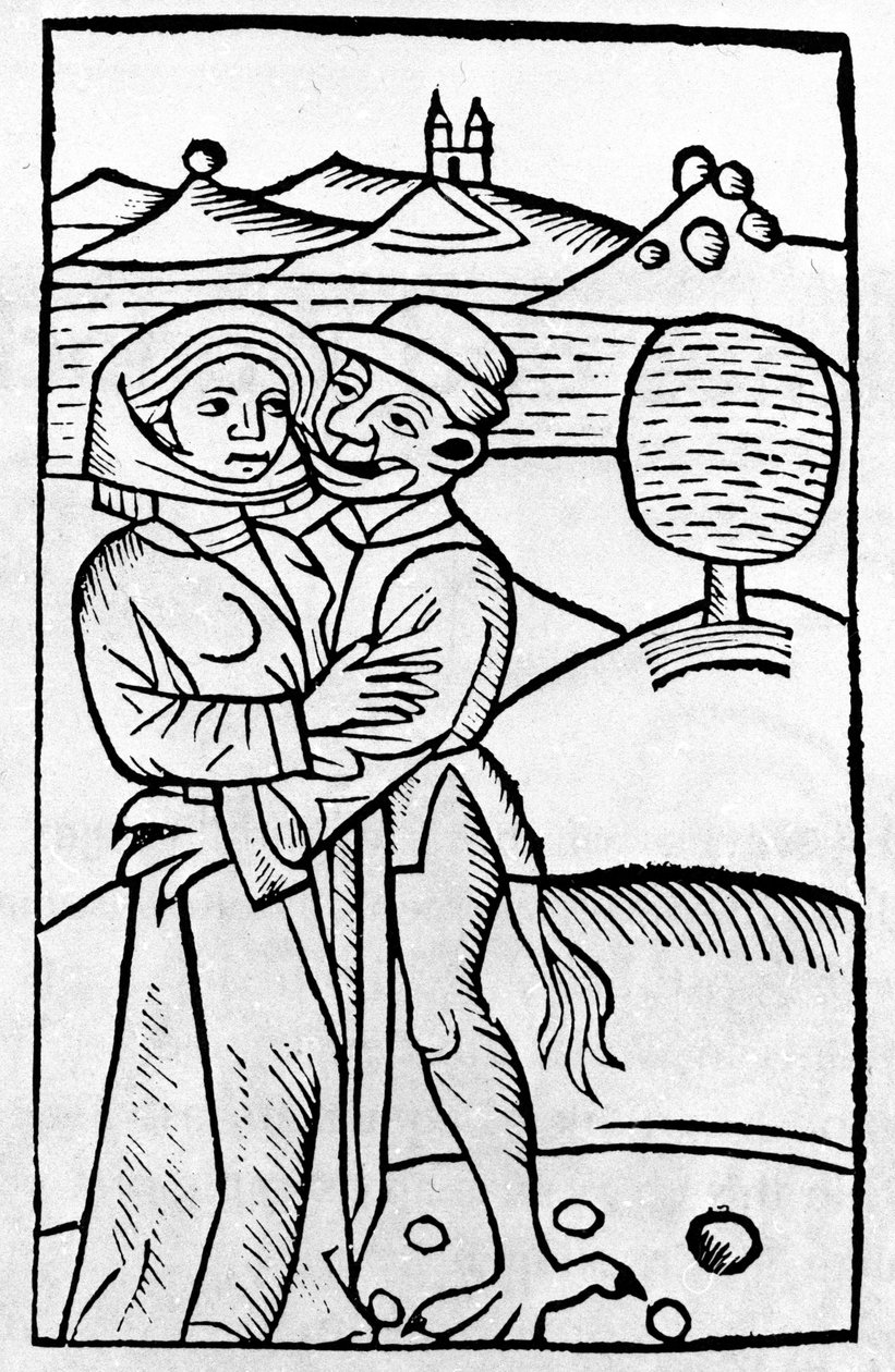 En demon kysser en heks. Tysk xylografi fra 1500-tallet av Unknown artist