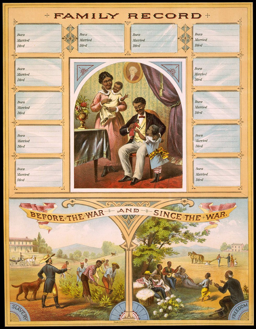 Et diagram som viser to gårder som sammenligner slaveri og frihet. Høy del reservert for innspilling av familiejubileer. Gravering v. 1880. av Unknown artist