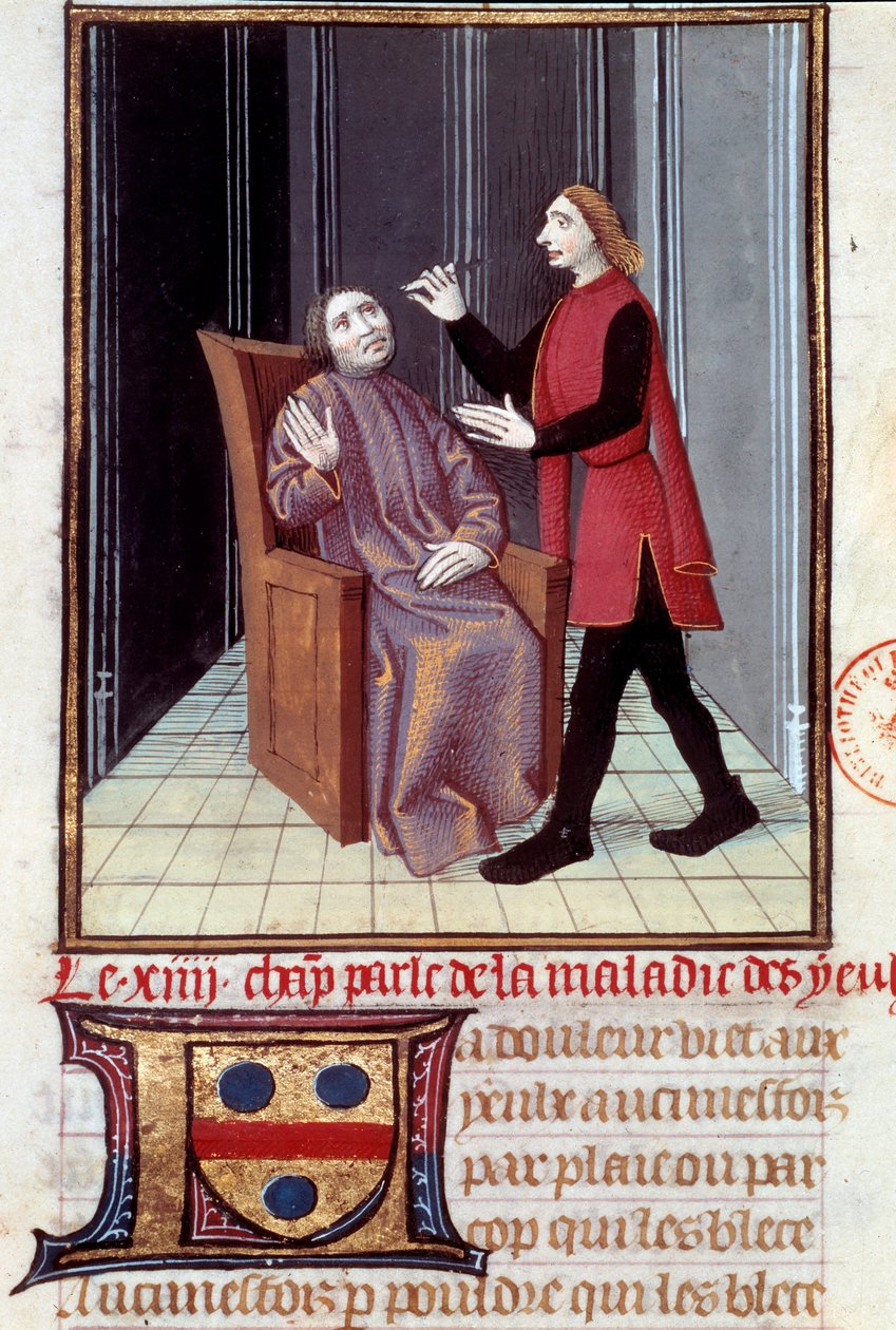 En lege som opererer øyet til sin pasient Miniatyr tatt fra "" Histoire de la medecine"" Paris fra 1500-tallet, B.N. av Unknown artist