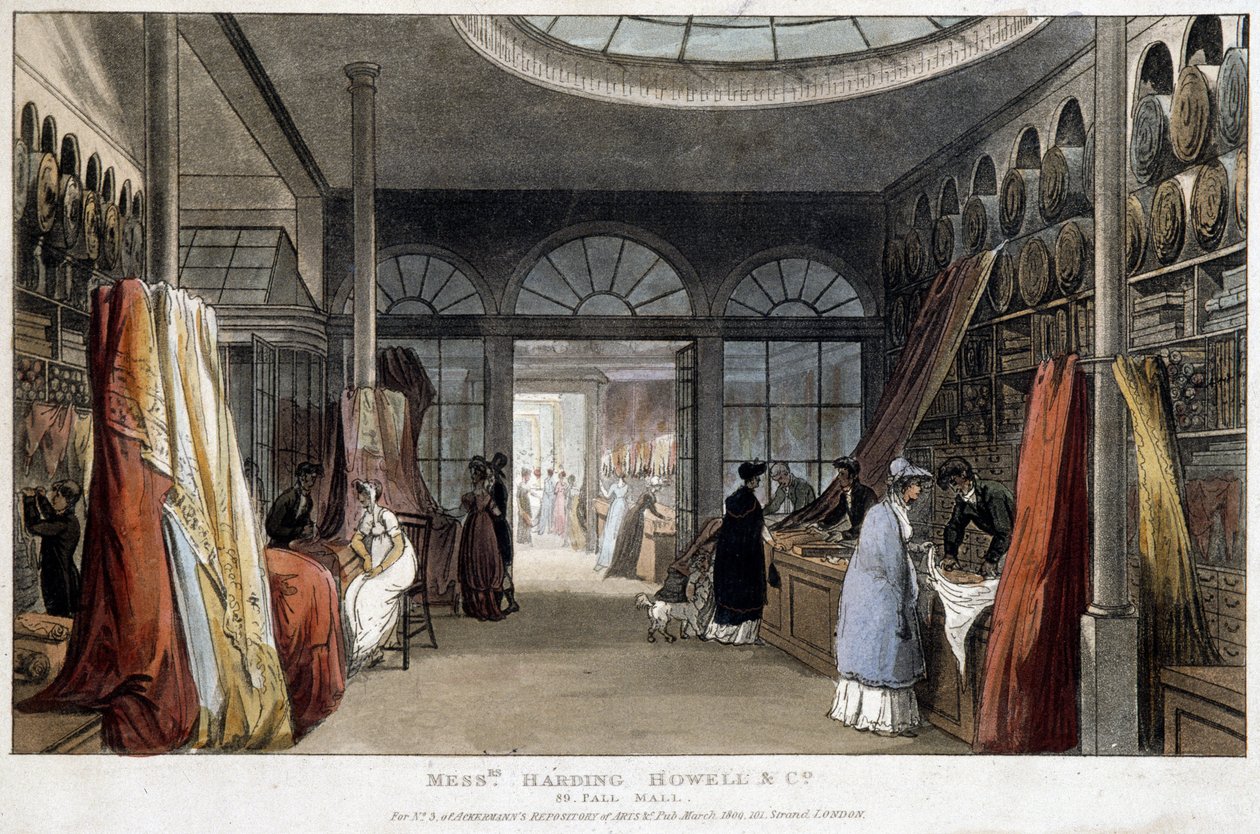En stoffbutikk i London (England) - Litografi rundt 1800 av Unknown artist