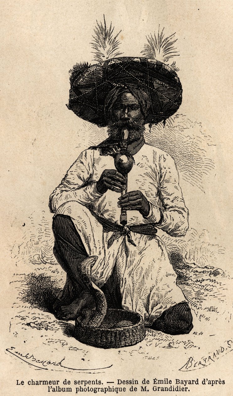 En fakir, slangetemmer. Gravering for å illustrere reisen i meridionalprovinsene i India, av Alfred Grandidier, i 1862-1864, publisert i "" le tour du monde", under ledelse av D