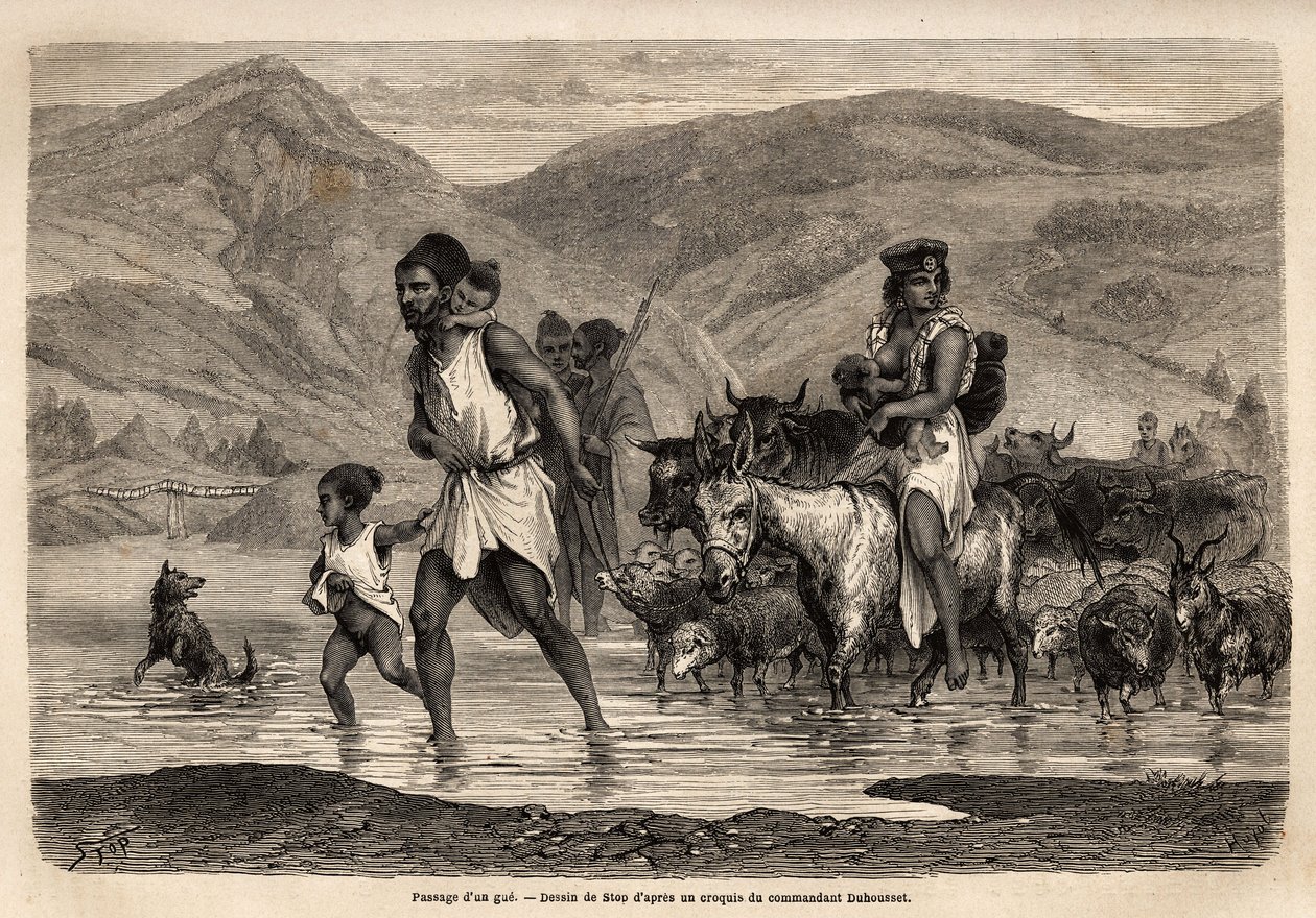 En familie av kabylske gjetere krysser wadi Djema for å gå til Beni Menguellet-marsjen, den viktigste i regionen; familiens overhode våger seg først, etterfulgt av familien og flokken hans, sauene først og etter dem hoveddelen av storfeet. Eng av Unknown artist