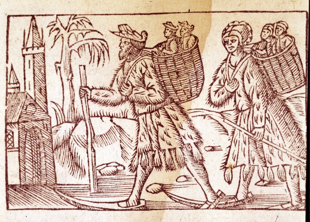 En familie av nordmenn som reiser på ski. Gravering av Olaus Magnus (1490 - 1557), svensk religiøs og geograf, "Historia de Gentis Septentrionalibus", Venezia av Unknown artist