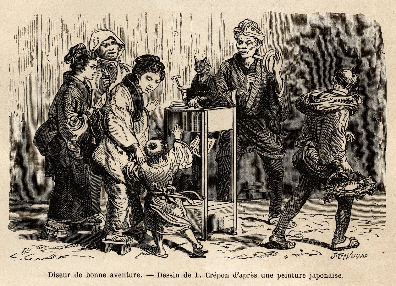 En spåkone i gatene i Edo (nå Tokyo). Gravering for å illustrere reisen til Japan, av Aime Humbert, minister for det sveitsiske konføderasjonen, i 1863-1864, publisert i "" le tour du monde", under ledelse av Edouard Charton, Hachette, Pari av Unknown artist