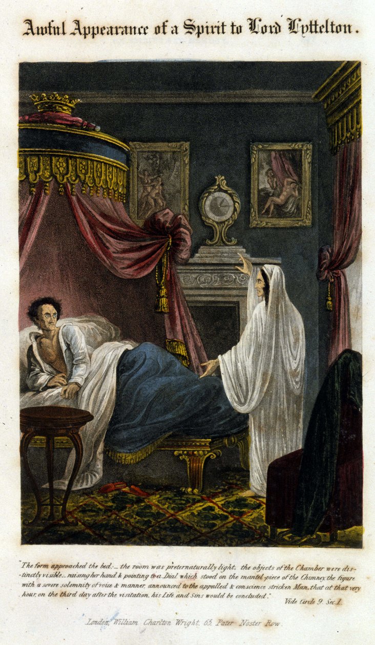 Et spøkelse dukker opp foran Lord Lyttelton for å kunngjøre hans død. 1825. Bibel. Morando, Milano. av Unknown artist
