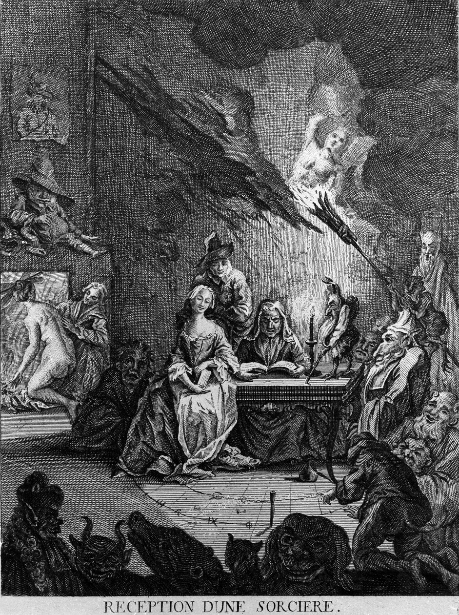 En jente blir mottatt av en heks, omgitt av monstrøse skapninger (ved en innvielsesseremoni?). Gravering fra 1600-tallet av Unknown artist