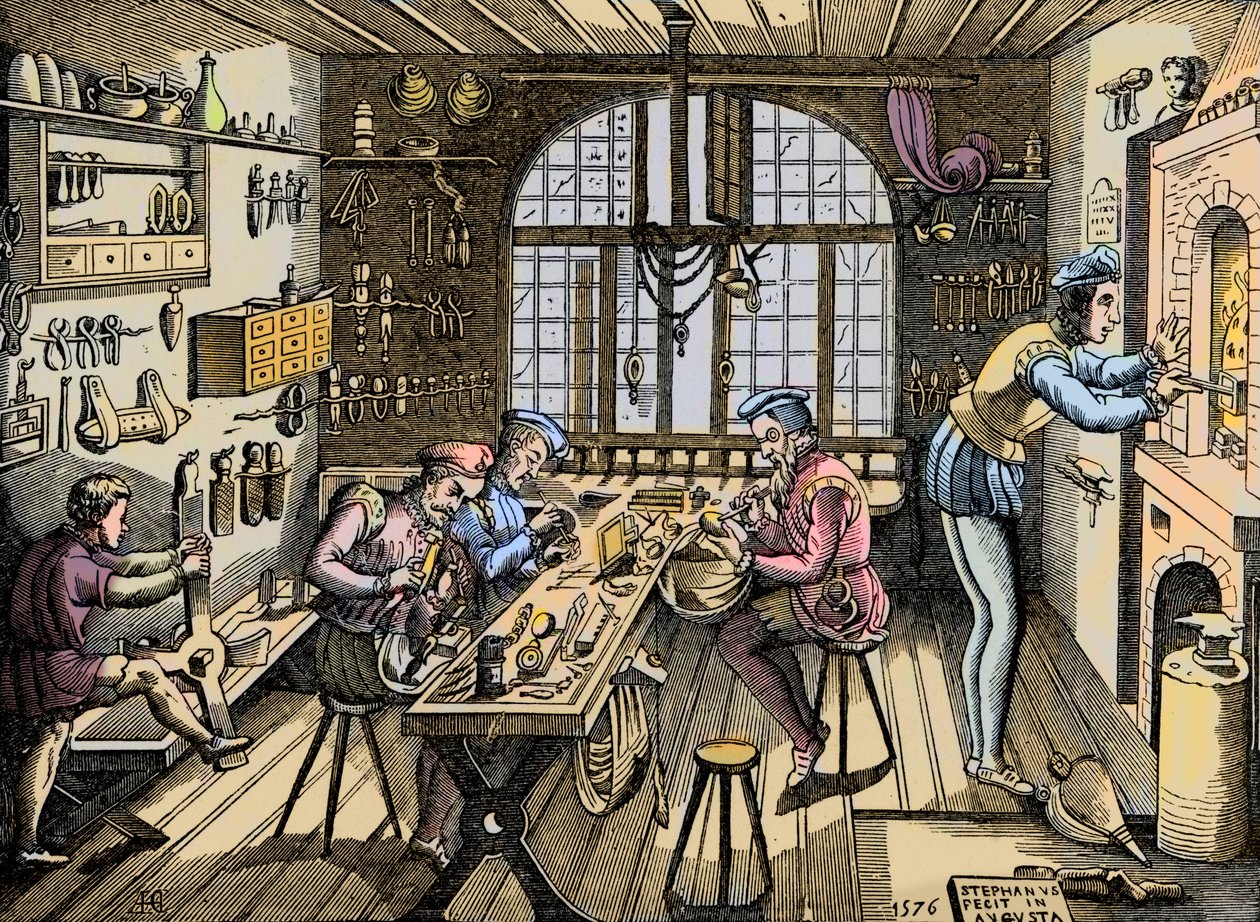 Et gullsmedverksted - Håndverk: utsikt over verkstedet av Etienne Delaune (1518-1583), gullsmed, fransk skriver. Gravering etter en original fra 1576. Verksted til Etienne Delaulne, en gullsmed i Paris av Unknown artist