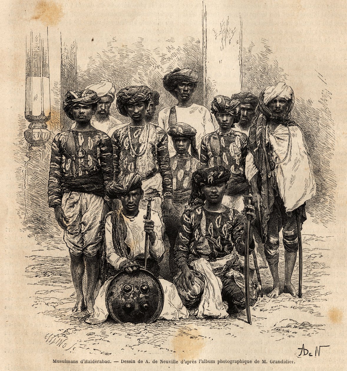 En gruppe muslimske menn i Haiderabad, Pakistan. Gravering for å illustrere reisen i meridionalprovinsene i India, av Alfred Grandidier, i 1862-1864, publisert i "" le tour du monde", under ledelse av D