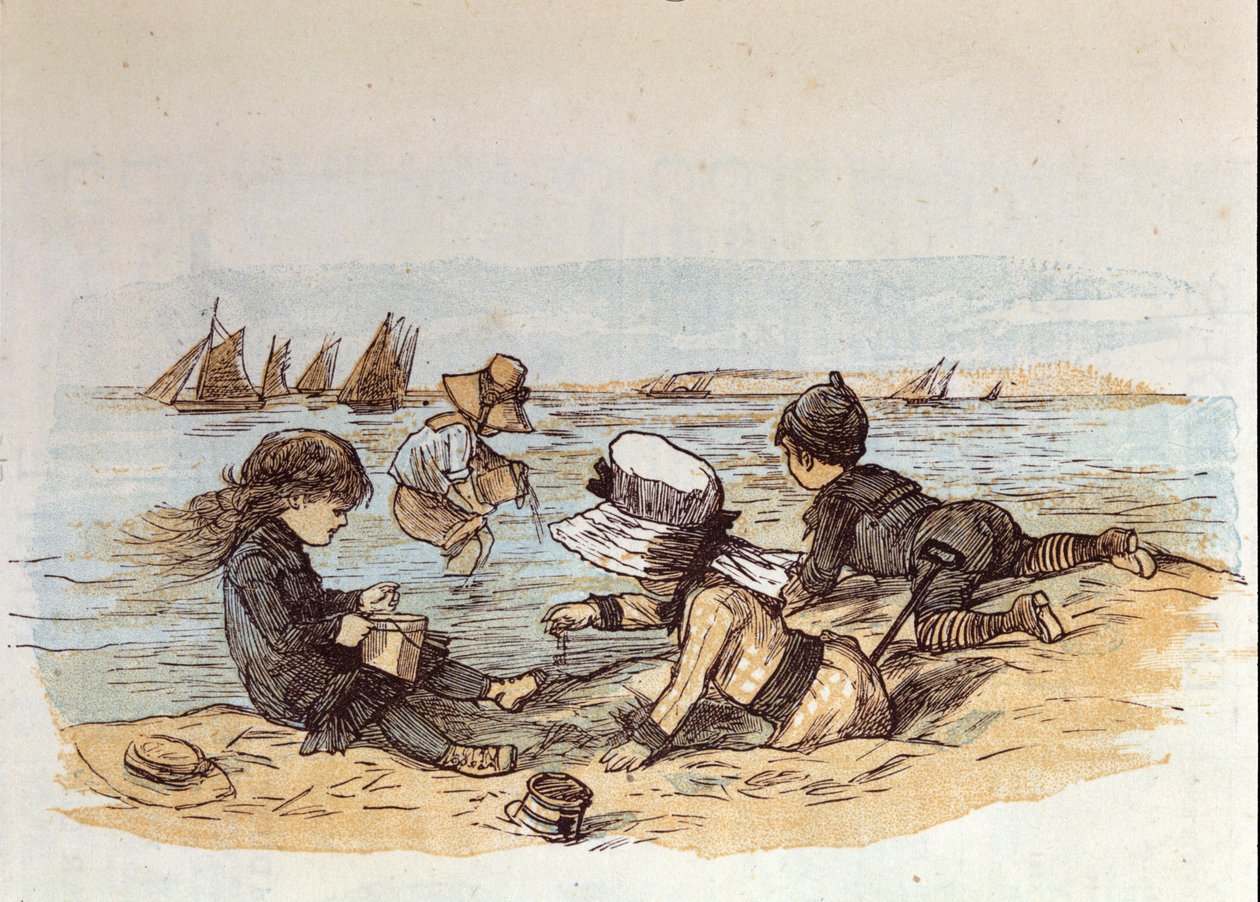 En gruppe barn leker ved vannet på sanden. 1881 av Unknown artist