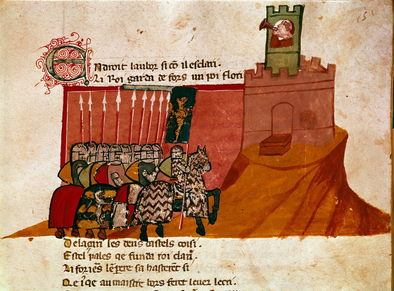 En gruppe franc-riddere ankommer et miniatyrslott fra «Entree of Spain». Venezia fra 1300-tallet, Biblioteca Marciana. av Unknown artist