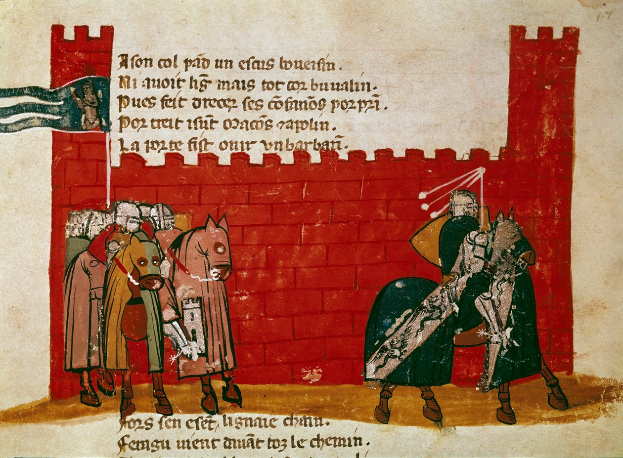 En gruppe riddere som forlater et miniatyrslott fra "" Entree of Spain"". Venezia fra 1300-tallet, Biblioteca Marciana av Unknown artist