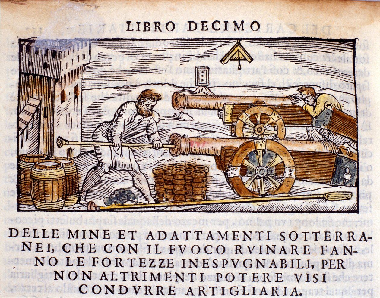 En skytter laster en pistol med eksplosiver. Gravering fra metallurgisk melking "" De la Pyrotechnia"" (eller Pirotechnia) av Vannoccio Biringuccio (1480-1539) 1550. av Unknown artist