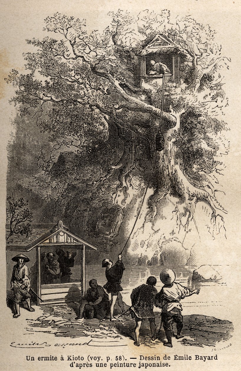 En eremitt i Kyoto (eller Kioto), isolerer seg i en hytte som ligger i grenene til et tre, på en liten øy, eremitten kan bare stole på generositten til innbyggerne i regionen som gir ham maten hans; rett overfor treet hans, tar en liten paviljong imot v av Unknown artist