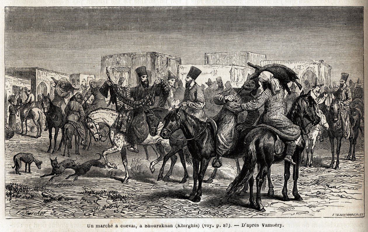 En hestetur i Shurakhan (Kirgisistan eller Kirgisistan). Tegning av Emile Bayard (1837-1891), for å illustrere reisen til Sentral-Asia, i 1863, av Arminius Vambery (ungarsk vitenskapsmann forkledning i dervisj). Gravering i "" Le tour du monde"", redigert  av Unknown artist