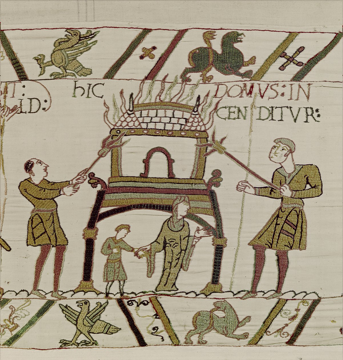 Et hus er brent av normannerne, Bayeux-teppet (ullbroderi på lin) av Unknown artist
