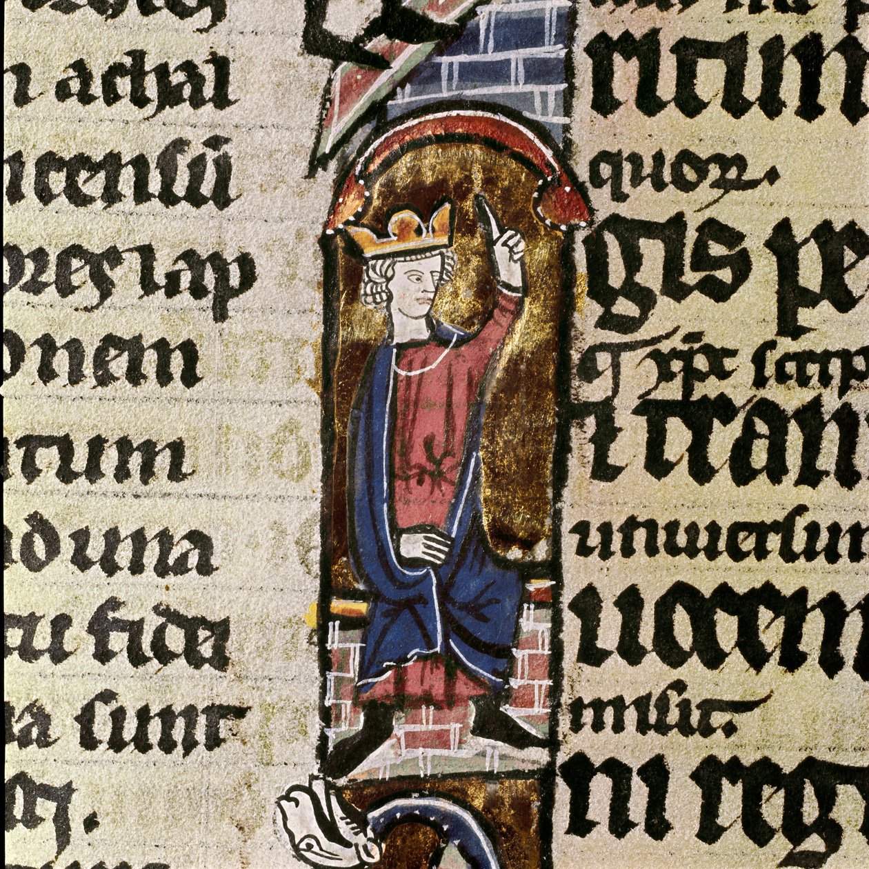 En kongeassistent til rekonstruksjonen av tempelet i Jerusalem. Detalj av en manuskriptside i Bibelen til Saint Ludovic. Biblioteca Comunale Assises fra 1300-tallet, Italia av Unknown artist