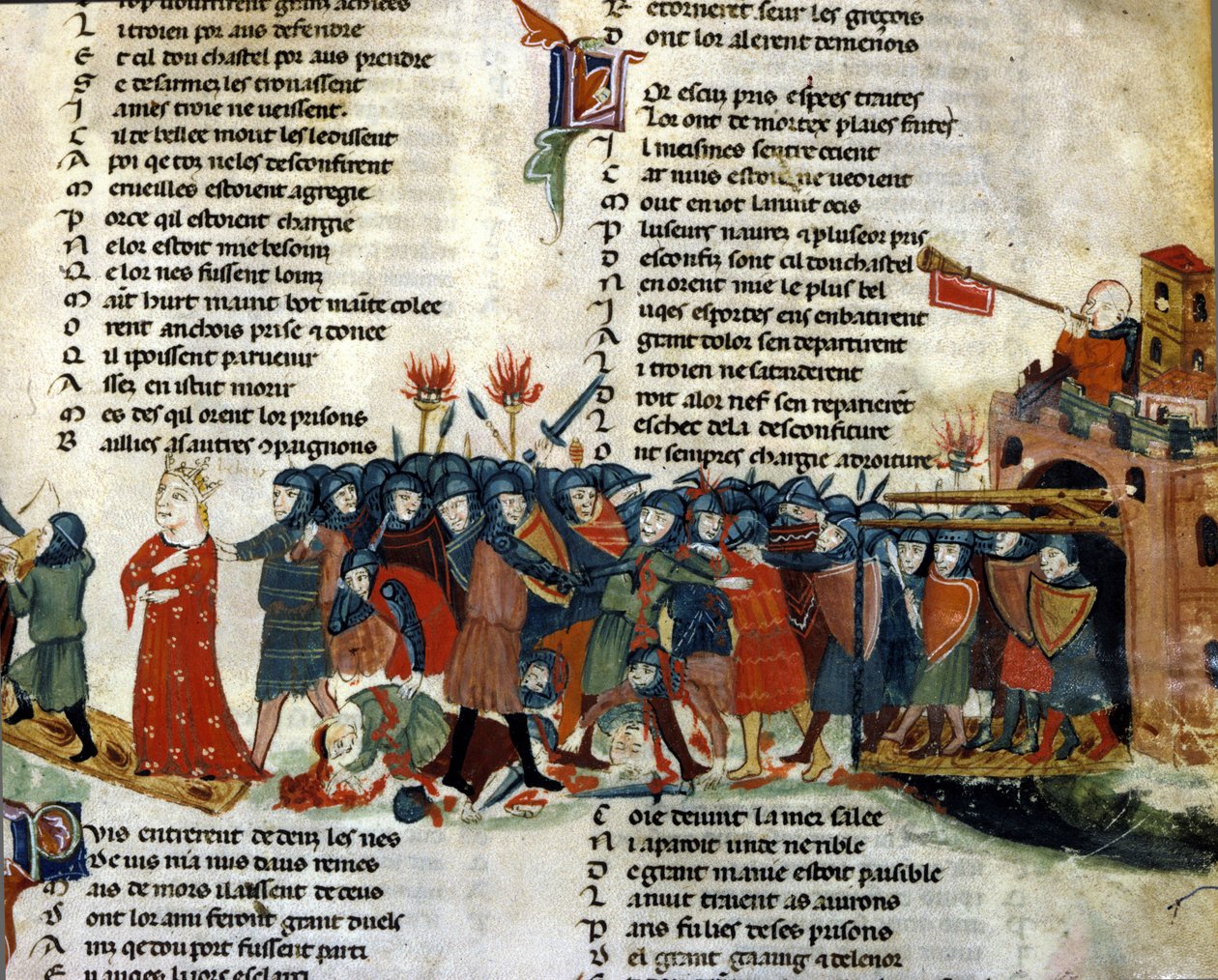 En konge blir tatt til fange og ført bort av fiendens hær mens ofrene for slaget ligger på bakken. Miniatyr av «Roman de Troy»» av Benoit de Saint Maure. Biblioteca Marciana fra 1300-tallet, Venezia av Unknown artist