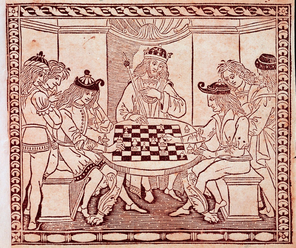 En konge ser på et sjakkspill Xylografi fra frontispicen til «De Ludo Scorcorum» av Jacopo de Cessoles (1300-tallet) Venezia Biblioteca Marciana av Unknown artist