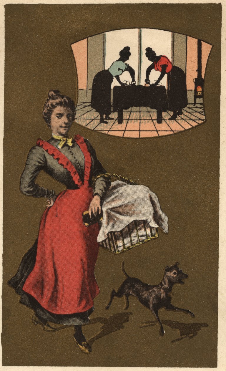A laundry machine carrying laundry in a basket. Anonymous chromolithography, late 19th century. av Unknown artist
